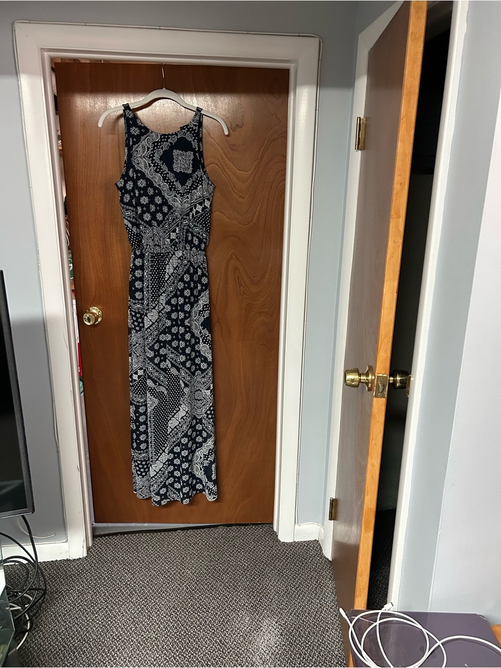 New York & Company Navy and White Bandana Print Maxi Dress
